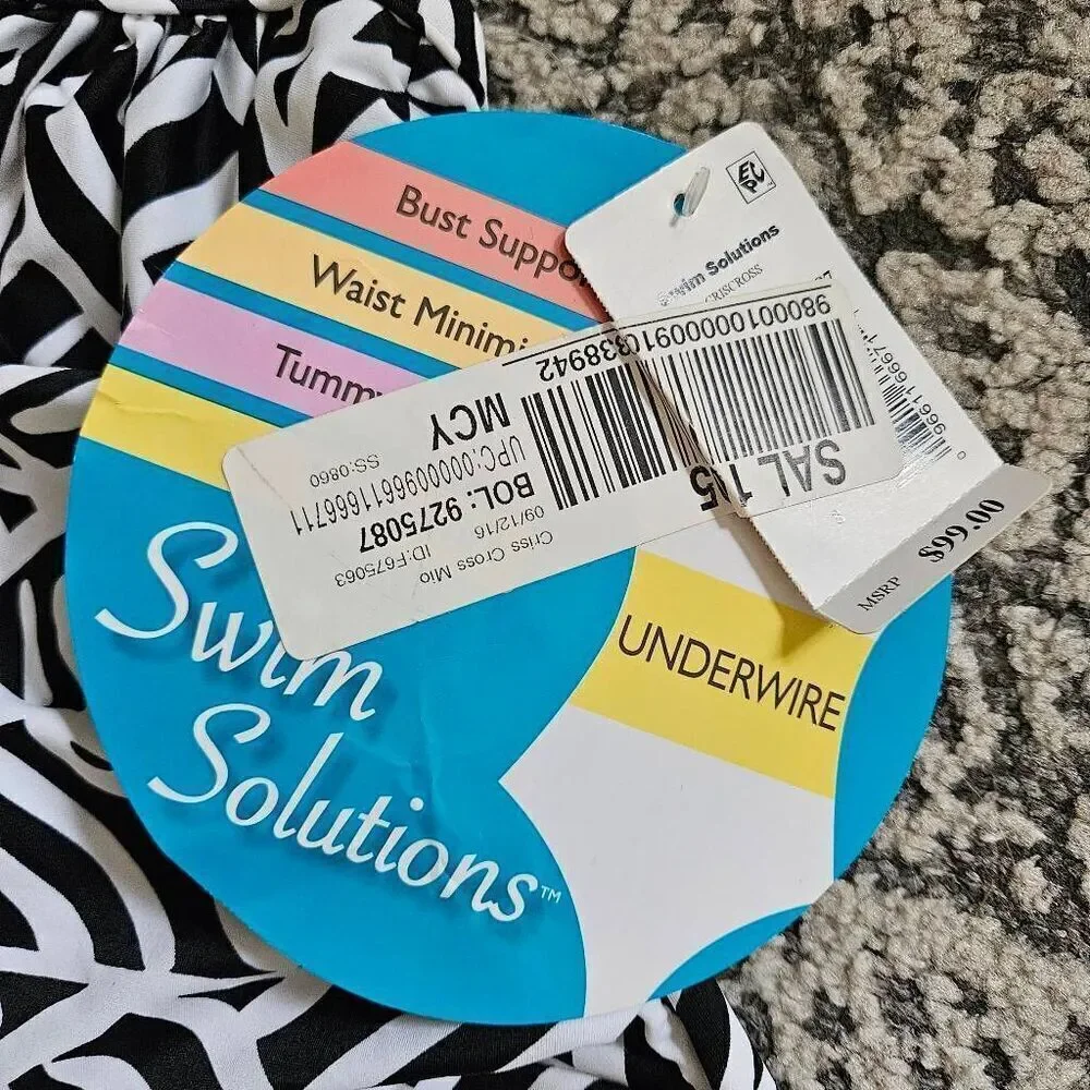 Swim Solutions Geo Print Crossover-Front One-Piece Swimsuit Size 8 in Black and - Picture 2 of 7